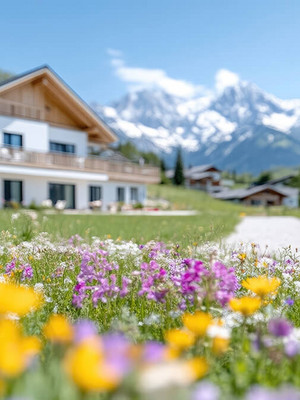 Ferienimmobilien in grüner Wiese mit Blumen und Bergen 