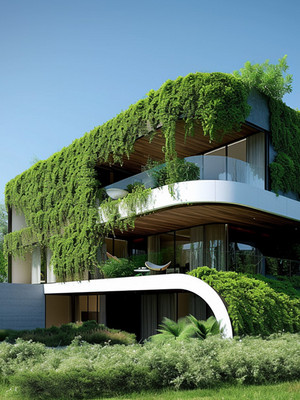 Futuristisches Einfamilienhaus mit begrünter Fassade