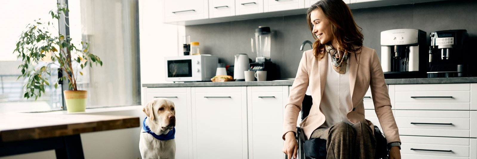 Frau im Rollstuhl mit einem Hund in ihrer Wohnung
