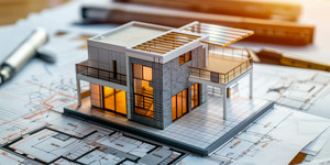 Modellhaus mit angegebener Nutzfläche auf einem Plan