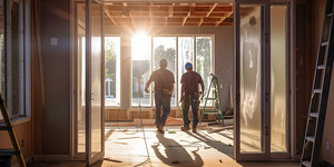 Baustelle in der Morgendämmerung mit Bauarbeitern am Werk