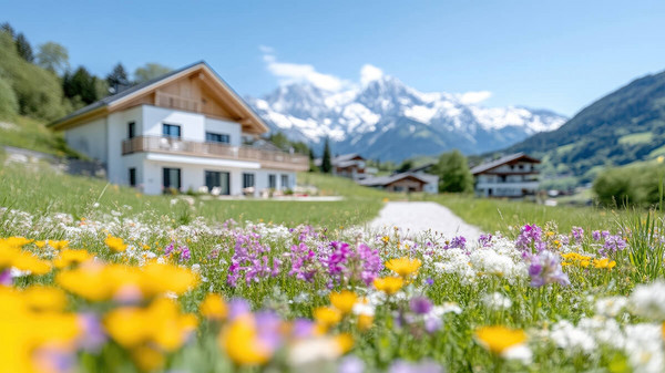 Ferienimmobilien in grüner Wiese mit Blumen und Bergen 