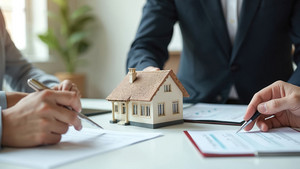 Modellhaus und Dokumente auf Tisch 