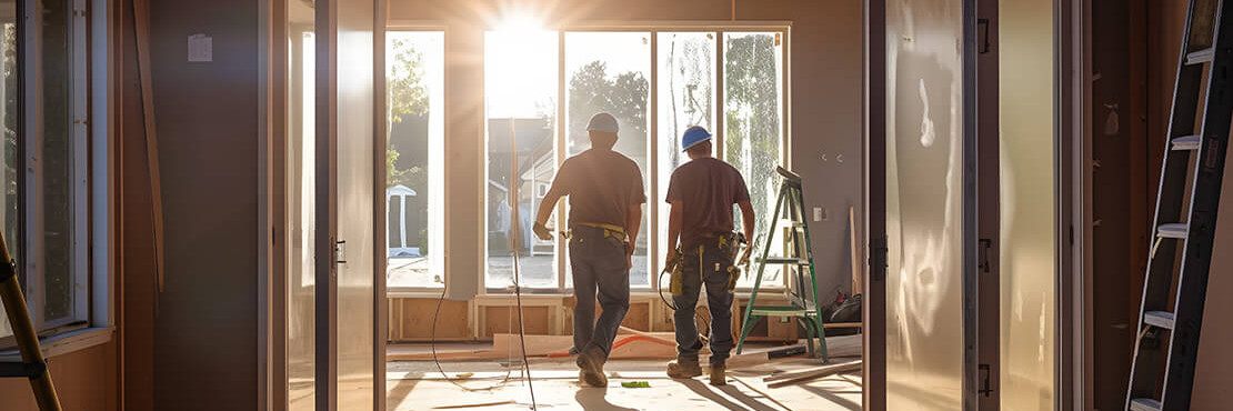 Baustelle in der Morgendämmerung mit Bauarbeitern am Werk