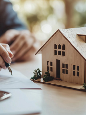 Kaufvertrag wird unterschrieben neben Miniaturehaus