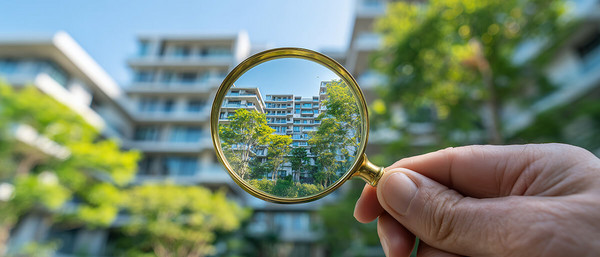 Person hält Lupe auf Wohngebäude