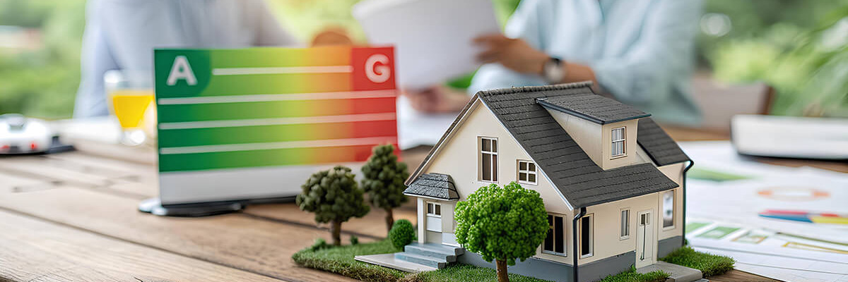 Modellhaus auf Tisch vor Energieskala