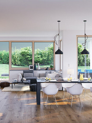 Einblick in eine grosszügige Wohnküche mit Wohnzimmer im Hintergrund