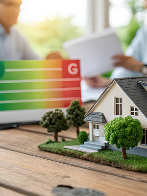Modellhaus auf Tisch vor Energieskala