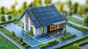 Modellhaus mit Solarpanels auf Dach