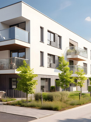 Modernes Flachdach-Mehrfamilienhaus in einer Siedlung
