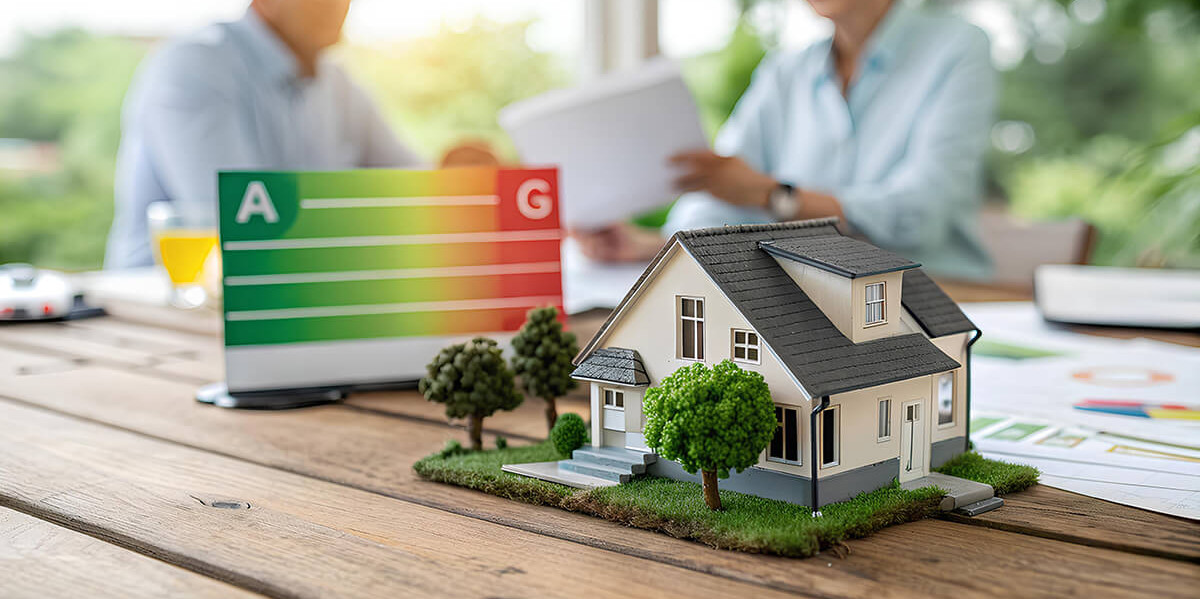 Modellhaus auf Tisch vor Energieskala