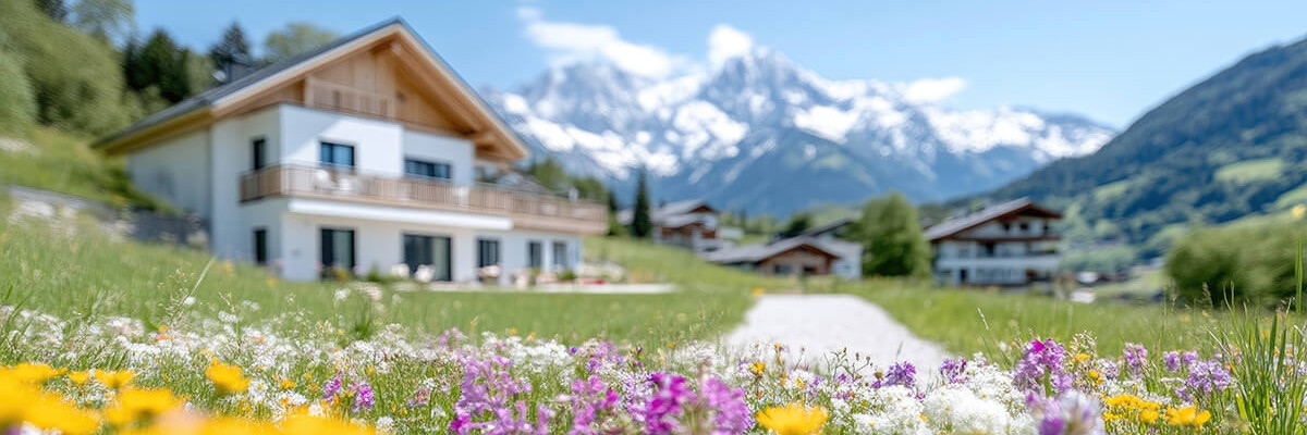 Ferienimmobilien in grüner Wiese mit Blumen und Bergen