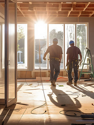Baustelle in der Morgendämmerung mit Bauarbeitern am Werk