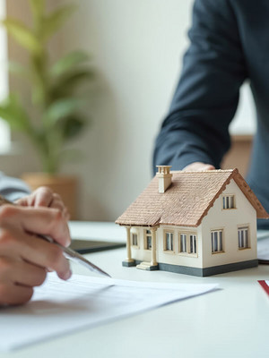 Modellhaus und Dokumente auf Tisch 