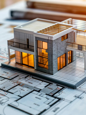 Modellhaus mit angegebener Nutzfläche auf einem Plan