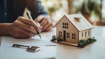 Kaufvertrag wird unterschrieben neben Miniaturehaus